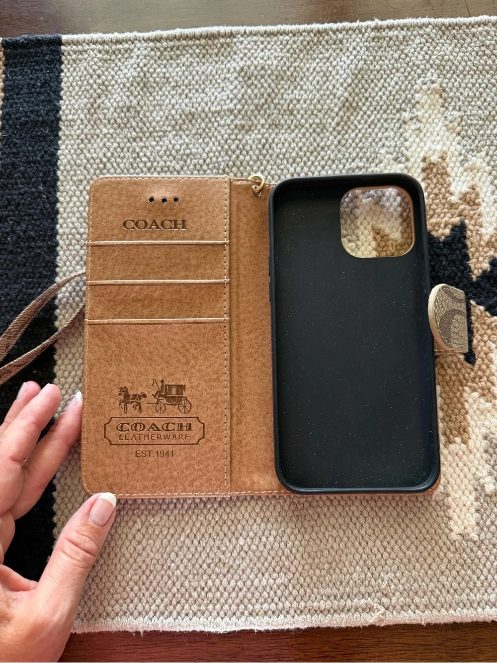 Coach Brown Signature Canvas Wristlet Phone Case with Gold Plaque